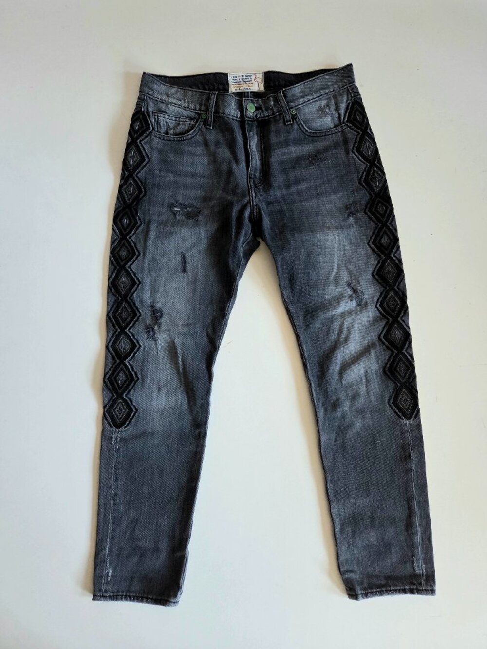 Sandrine Rose Free People Bluish Gray Distressed Embroidered Jeans